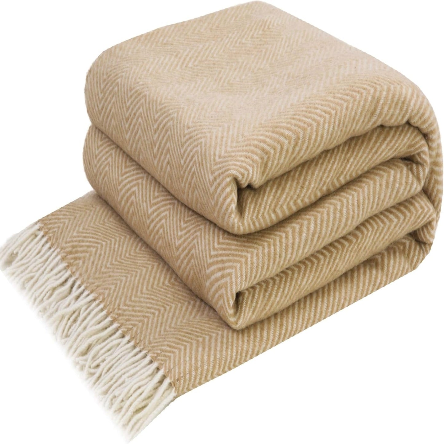 LYHome Merino Wool Blanket Throw – Beige & White Chevron
