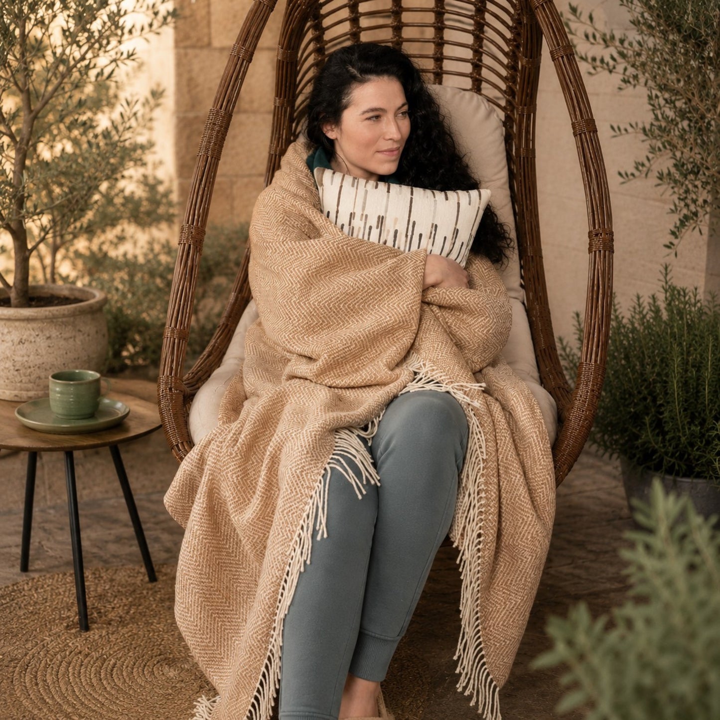 LYHome Merino Wool Blanket Throw – Beige & White Chevron