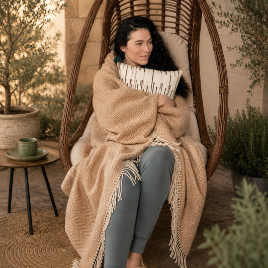 LYHome Merino Wool Blanket Throw – Beige & White Chevron