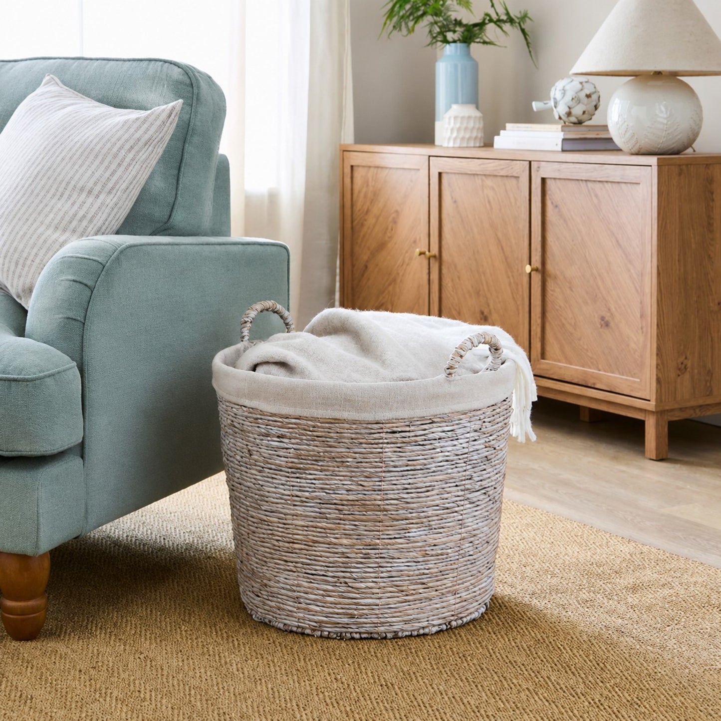 Whitewashed Wicker Storage Basket – Natural Home Organisation