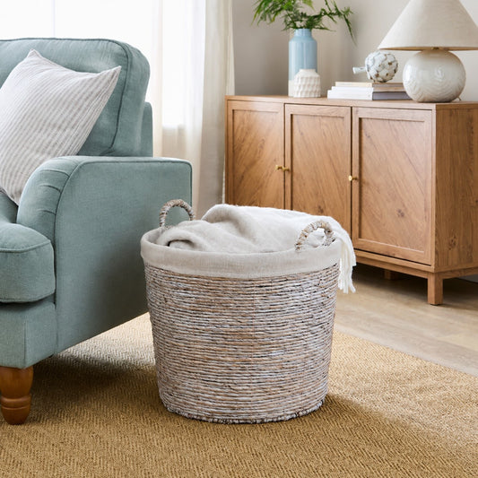 Whitewashed Wicker Storage Basket – Natural Home Organisation